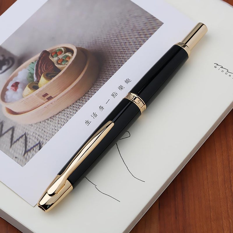 erofa Majohn A1 Press Fountain Pen Fine Nib with Box, Retractable Black Metal Ink Pen with Converter Writing Set (Golden Clip Version) - Image 3